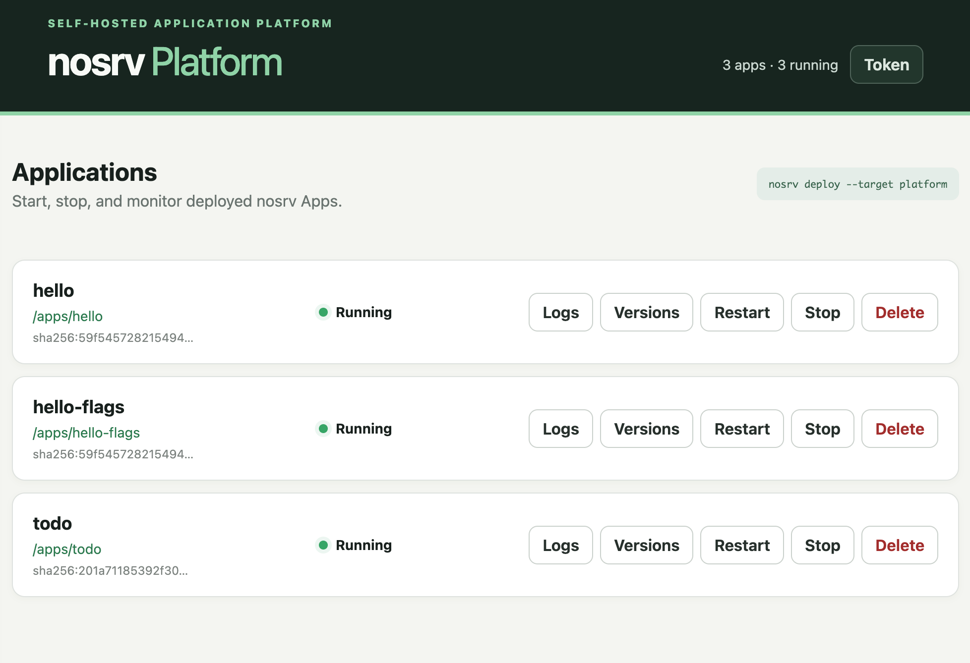 nosrv Platform dashboard showing several running applications